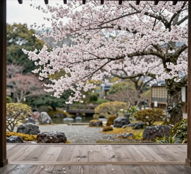 A serene photography shot of a traditional wooden Japanese veranda overlooking a peaceful garden with a blooming cherry blossom tree. Soft, natural daylight and a minimalist, calm atmosphere. International / English-speaking professional setting.