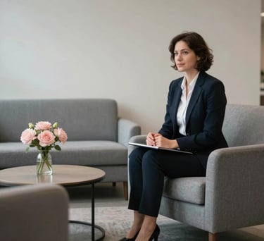 An interior shot of a minimalist lounge area with grey furniture and subtle light pink floral arrangements, International / English-speaking professional environment.