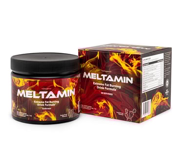 Meltamin extreme fat burning drink formula supplement jar and packaging box with cactus fruit flavor.