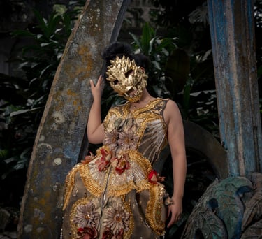 A person in a golden animal mask and ornate floral dress posing against stone ruins in a garden.