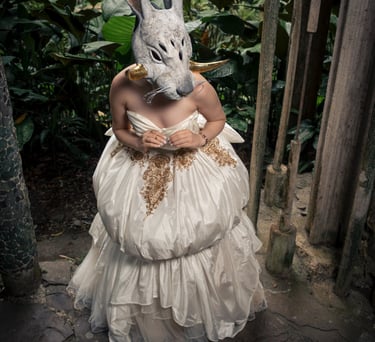 A person wearing a mystical white animal mask and elegant cream ballgown in a lush jungle setting.