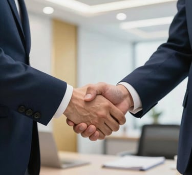 A close-up of a professional handshake between two people in business attire, one wearing a navy blue suit, in a bright North American office setting with gold accents.