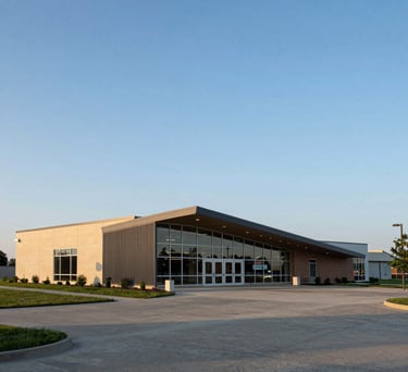 A wide-angle photography shot of a modern community center in Aurora, Illinois, with North American architecture under a clear blue sky, soft afternoon lighting.