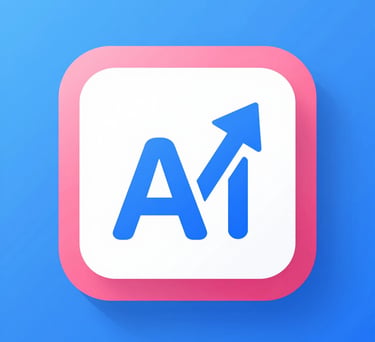 A blue AI icon with a rising arrow inside a pink and white rounded square for artificial intelligence growth.