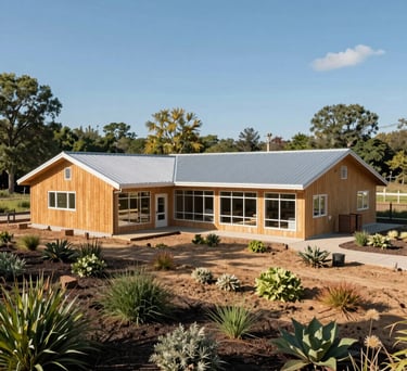 A wide shot of a newly constructed community center with sustainable architecture, surrounded by local flora, bright midday sun, North American / International region.