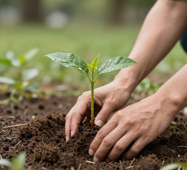 A close-up of hands planting a young sapling into rich soil, soft daylight, professional photography in an international park setting, conveying environmental responsibility and growth.