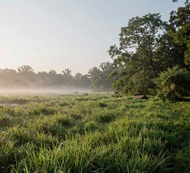 A peaceful landscape showing a restored local wetland or park area, symbolizing environmental responsibility, soft morning mist, North American / International nature scene.