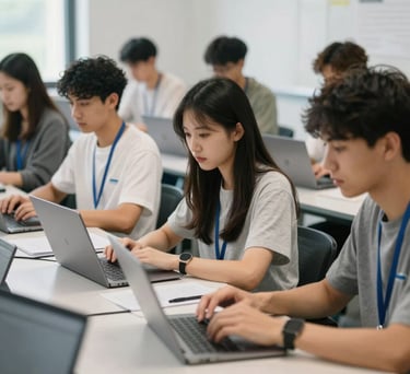 A group of young adults engaged in a vocational training workshop, using laptops in a bright, modern learning center, North American / International setting, emphasizing hope and progress.