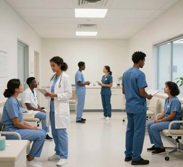 An interior shot of a clean, modern community health clinic, bright and welcoming atmosphere, professional medical staff in North American / International attire, soft Mist White lighting.