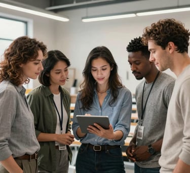 A diverse group of adults in a bright, modern North American workshop space looking at a digital tablet together, professional and collaborative atmosphere, clean composition.