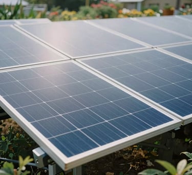 A close-up photograph of a solar panel installation in a community garden, representing sustainability, soft natural daylight, North American / International setting, featuring shades of Mist White and Deep Sage Green.