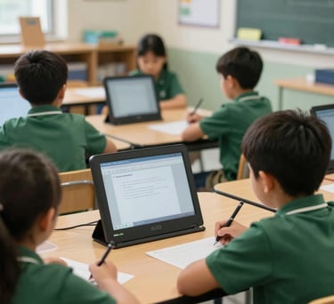 A candid shot of children in a bright, well-resourced classroom learning from digital screens, warm natural lighting, North American / International education setting, shades of Deep Sage Green.