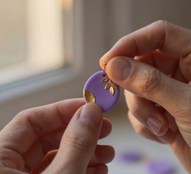 aretes violetas con detalles dorados
