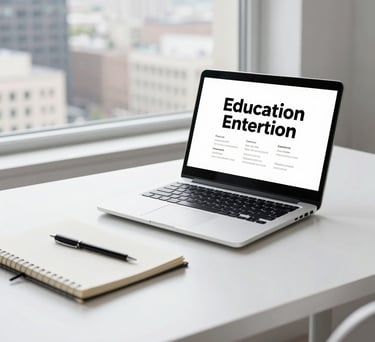 A high-key photograph of a laptop and notebook on a clean white desk next to a window overlooking a North American city, symbolizing education and strategic planning.