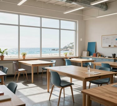 An interior shot of a bright community workshop space in the US, with natural light pouring through large windows, modern wooden furniture, and clean ocean blue accents.