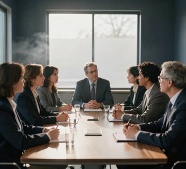 A group of diverse professionals having a collaborative discussion around a large table in a sunlit North American meeting room, featuring soft mist and dark navy decor.