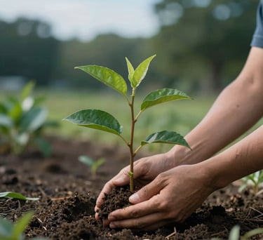 A close-up photograph of hands planting a young tree in a community garden, symbolizing sustainable growth, soft morning light in a North American park setting, with hints of sky blue and deep teal in the surrounding foliage.