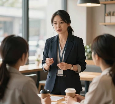 A professional female mentor speaking to a young adult in a modern North American cafe, soft morning light, conveying trust and empowerment.