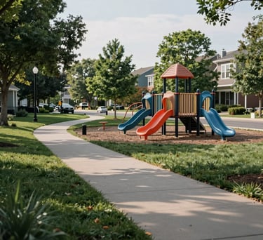 A peaceful outdoor scene of a North American suburban park with a modern playground and walking paths, reflecting community well-being and clean urban design.