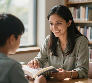 A warm, authentic photograph of a young adult North American / US woman, likely a mentor, smiling gently as she helps a North American / US student with a textbook in a modern, well-lit library setting. The student looks engaged and focused. Soft, natural daylight streams in from a large window, creating a serene and inviting atmosphere. The composition is an over-the-shoulder shot of the mentor, with the student's face visible and the background of bookshelves slightly blurred. The style is candid, compassionate, and hopeful.