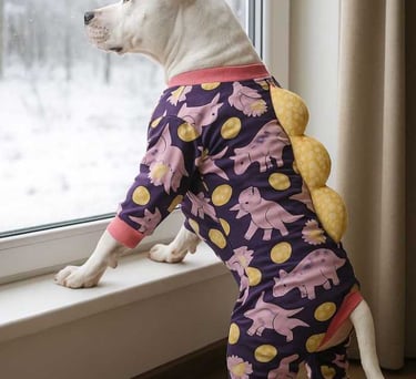 Un perro blanco con un pijama de dinosaurio morado mira por la ventana un paisaje invernal nevado.