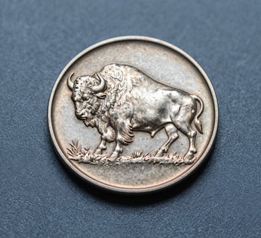 A professional shot of a rare nickel with a buffalo design, positioned on a sophisticated muted blue textile background.