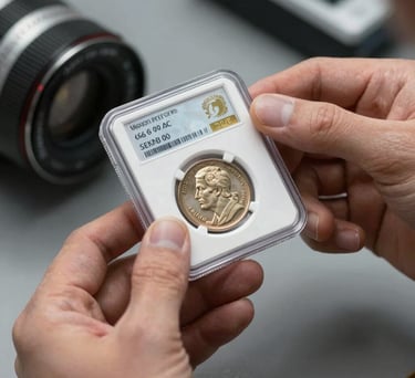 A professional shot of an expert's hands holding a rare coin in protective housing. Clean, professional, and trustworthy atmosphere. North American setting.