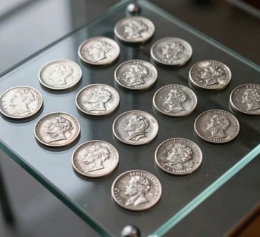 A high-resolution photograph of a collection of rare silver quarters neatly arranged on a modern glass tabletop. Clean and inspiring composition.