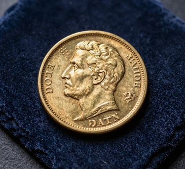 An extreme close-up photograph of a historic gold coin resting on a dark slate blue velvet cloth, capturing the intricate details and warm gold glow in a professional studio setting.