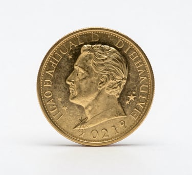 A photography shot of a single high-value gold coin against a soft white background, perfectly centered with elegant lighting. Simple and professional.