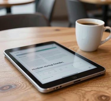 A close-up shot of a modern tablet and coffee mug on a wooden table in a brightly lit Canadian cafe, symbolizing the workspace of a modern startup founder.