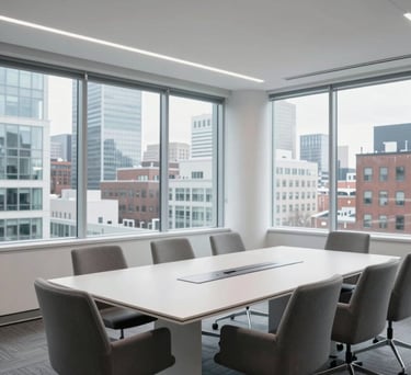 A bright, professional meeting room in Saint John, Canada, with large windows overlooking a modern urban landscape. The room is filled with light and features minimalist furniture in slate gray and cool white tones, capturing an atmosphere of innovation.