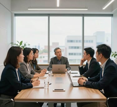 A group of entrepreneurs engaged in a lively discussion around a large conference table in a modern, brightly lit Canadian office building.