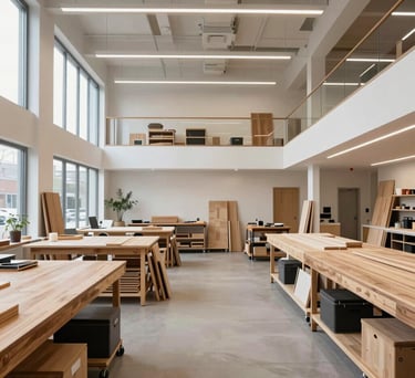 A wide angle interior shot of a contemporary, light-filled workshop space in Saint John, Canada, featuring clean architectural lines and sustainable materials.