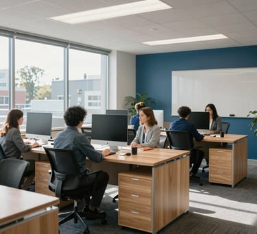 A vibrant, modern office interior in Saint John, Canada, featuring clean lines, light wood furniture, and accents of blue-grey and navy. The atmosphere is professional and collaborative with natural North American daylight.