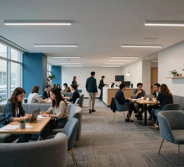 A wide shot of an open-concept collaborative space in a North American innovation hub. Clean lines, soft blue and gray accents, and comfortable seating areas designed for networking and creative thinking.