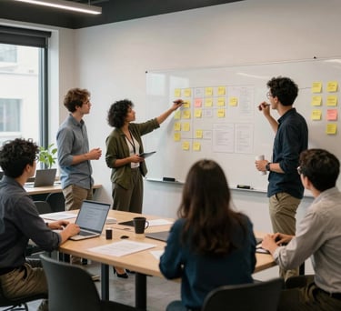 A group of professionals in a Canadian co-working space engaged in a collaborative session, with whiteboards and sticky notes, emphasizing a mood of active innovation.