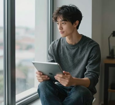 A photograph of a person sitting by a large window in a clean, modern North American apartment, looking thoughtfully at a tablet with a peaceful expression.