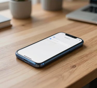 A close-up shot of a modern smartphone resting on a wooden desk in a bright North American home office, the screen displaying a clean and friendly user interface. Soft morning light creates an empathetic and safe atmosphere. Palette includes Steel Blue and Off White.