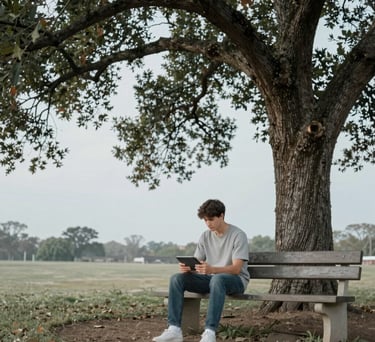 A serene North American outdoor setting, a young adult sitting on a park bench under a large oak tree, looking calmly at a digital tablet. The composition is wide and peaceful, using Pale Gray and Light Aqua tones to convey a sense of modern well-being.