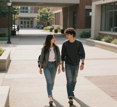 A high-angle photo of two young adults walking together through a bright, contemporary university courtyard in North America, sharing a calm conversation.