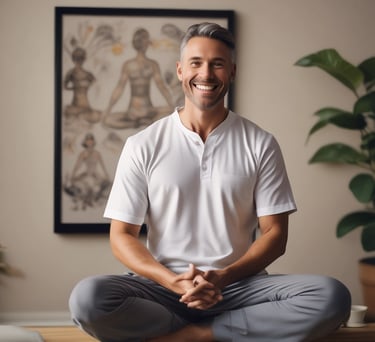 A peaceful outdoor retreat setting with people meditating in nature.