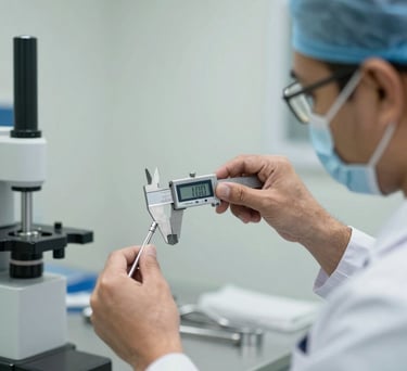 A focused shot of a quality control specialist in a Pakistani neurosurgical production unit, wearing professional attire and using a high-precision digital caliper to measure a stainless steel instrument. The background is a clean, off-white sterile lab environment.