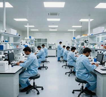 A wide shot of a modern, clean Pakistani industrial laboratory with white floors and steel blue accents. Technicians in sterile scrubs are working at spaced-out stations under bright, professional lighting.