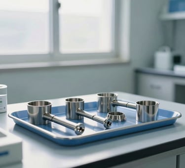 A clean, modern medical manufacturing environment in Pakistan, focusing on a bright, sterile lab workspace where stainless steel surgical components are arranged on a blue medical tray, cool morning light from a high window.