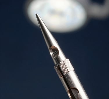 Extreme close-up of a precision-engineered neurosurgical burr, showcasing the intricate texture of the steel, set against a dark navy blue background with soft focus medical lights in the distance.