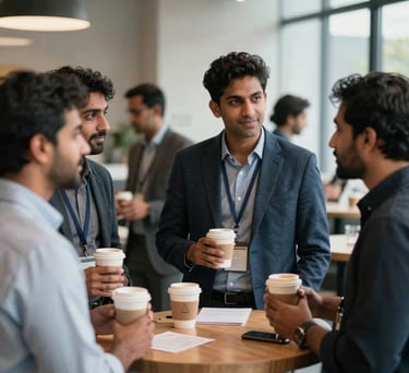 A networking event with South Asian professionals engaging in conversation over coffee, smart casual attire.