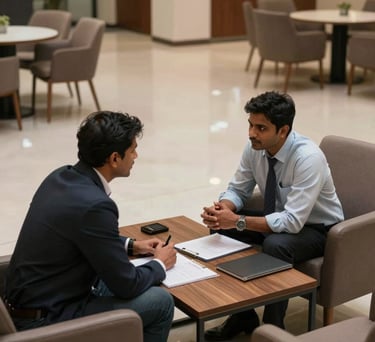 A high-angle shot of two professionals in India having a productive discussion over a coffee table in a spacious corporate lobby.