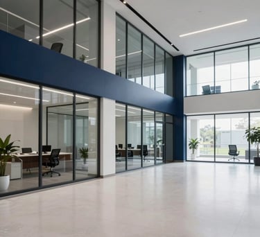 A wide shot of a modern, clean, and spacious Indian corporate office with glass walls and professional decor in shades of navy and white.