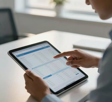 A close-up of a South Asian professional pointing at data points on a digital tablet in a clean, modern office with soft morning light.